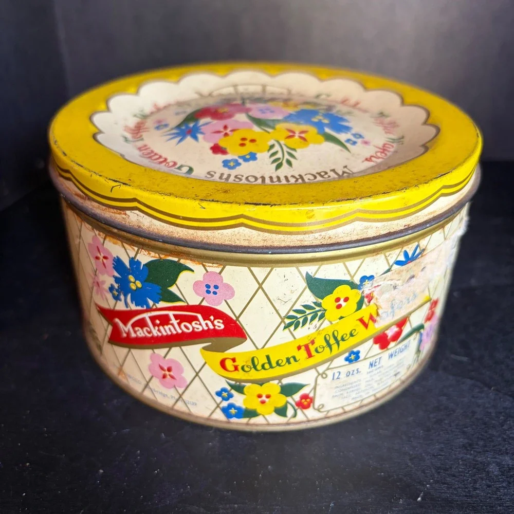 Vintage Mackintoshs Golden Toffee Wafers Tin Floral Made in England 12oz